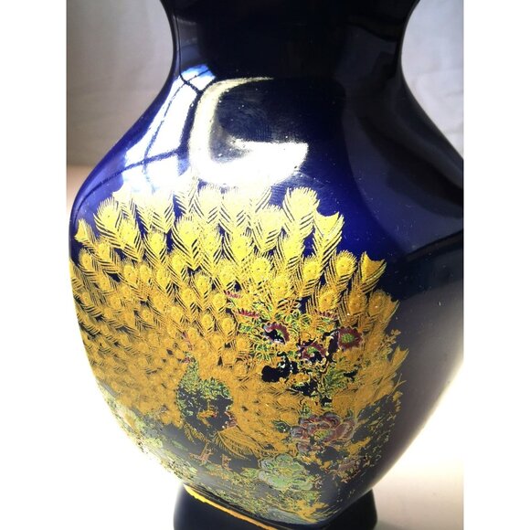 Porcelain Wall Pocket Vintage Japanese Cobalt Blue Gold Peacock Design  6.75” - Picture 9 of 10